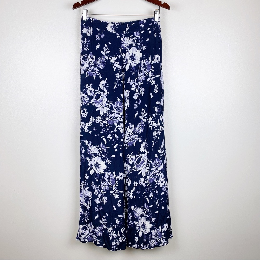 Lulu's Auckland Navy Blue Floral Print Wide-Leg Pants Size L - Picture 2 of 9